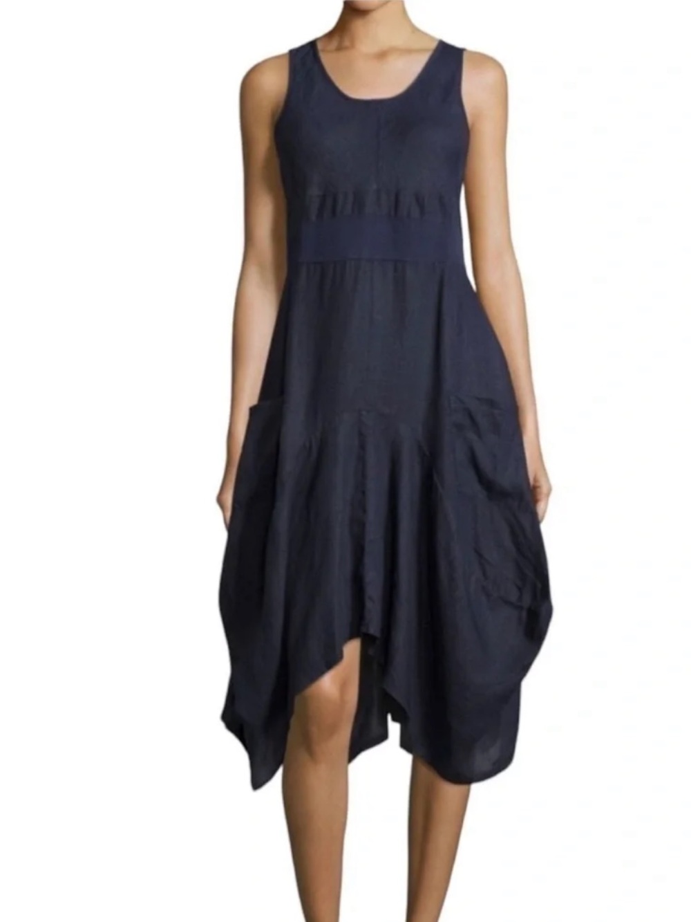 Neiman Marcus 100% Linen Sleeveless Scoop Neck Midi Dress Large Navy Lagenlook